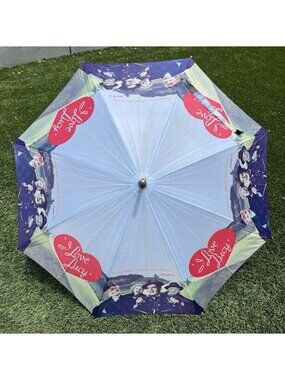 I love Lucy Vtg Parasol Umbrella "Here we come California" curved wood handle
